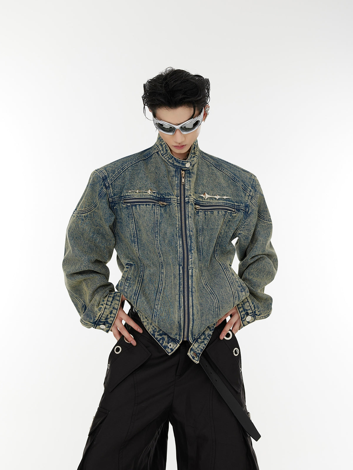Washed Collarless Denim Jacket