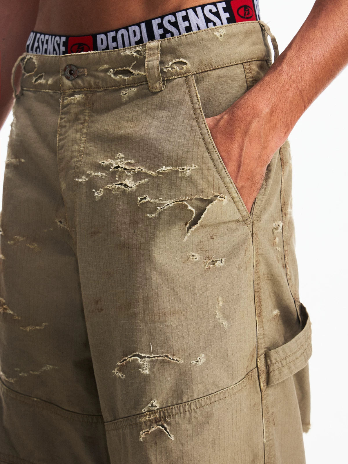 Distressed Racing Cargo Pants by PEOPLESENSE, view 4