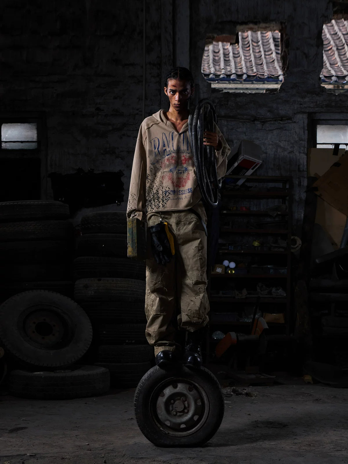 Distressed Racing Cargo Pants by PEOPLESENSE, view 3