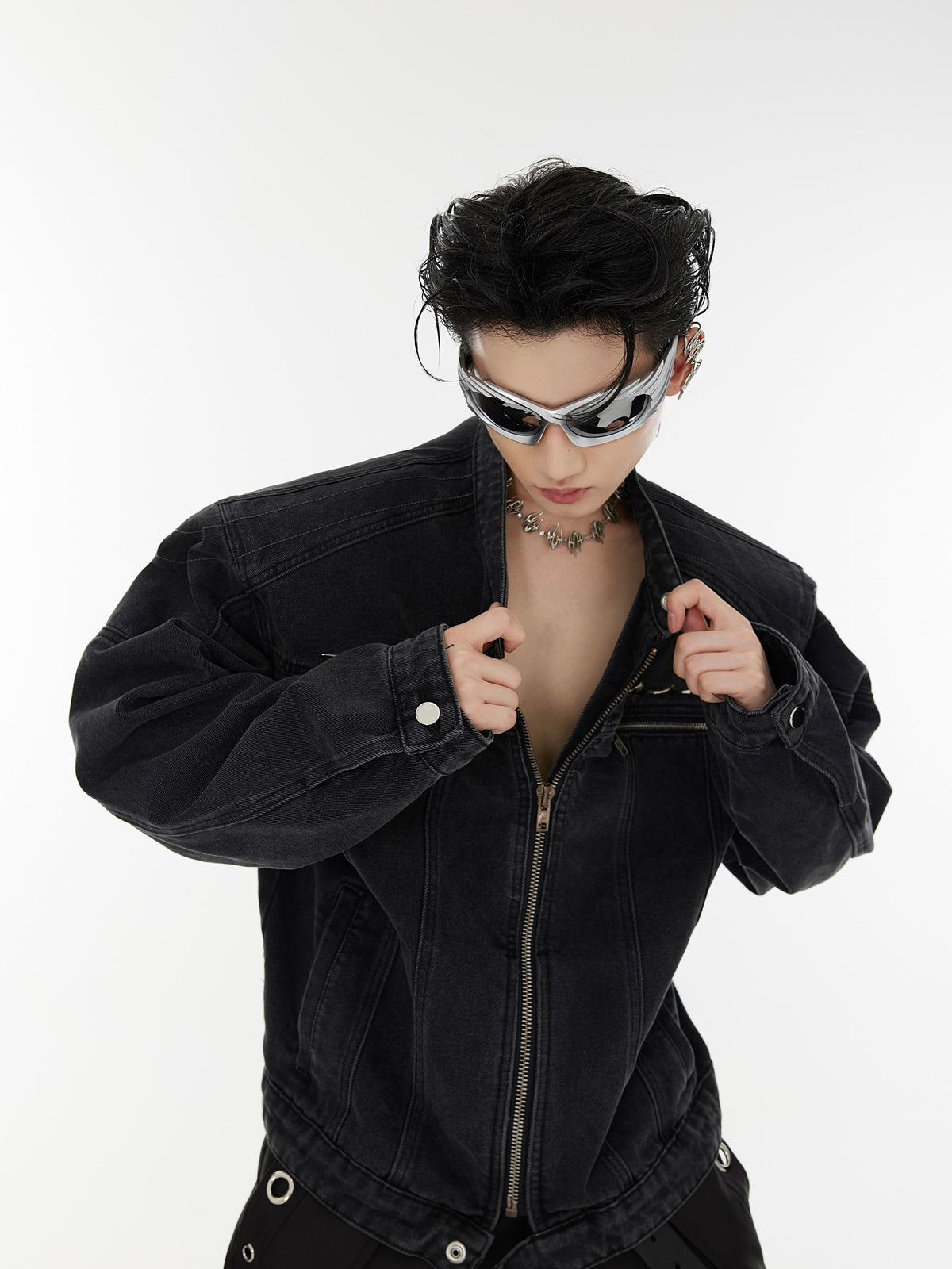 Washed Collarless Denim Jacket