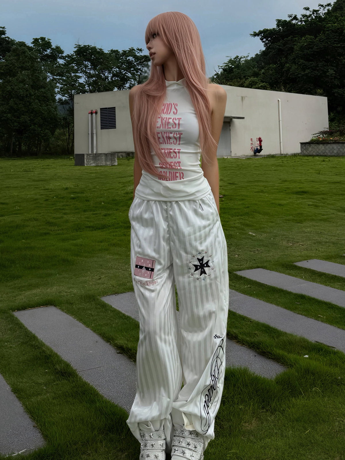Striped Embroidered Track Pants by PASET, view 3