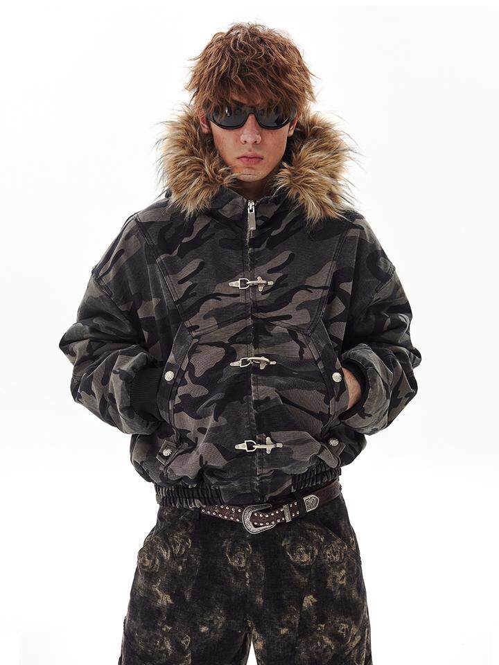 Camo Fur-Trim Hooded Jacket by PASET