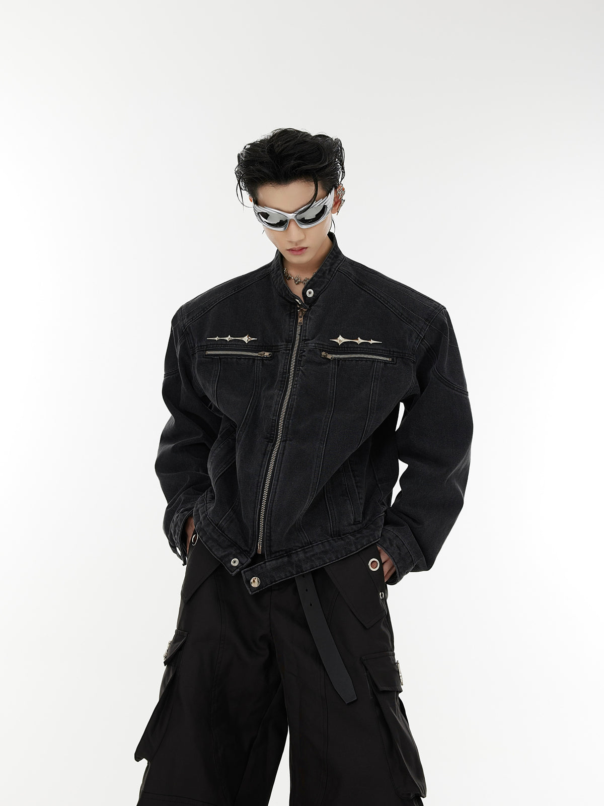 Washed Collarless Denim Jacket